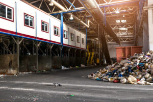 A large indoor waste processing facility with piles of assorted garbage bags on the right, industrial equipment, elevated structures, and scattered debris on the floor under bright overhead lighting.